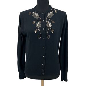 Vintage 60s Dorset Beaded Cardigan Sweater Black Orlon Knit Cropped Fit Small‎